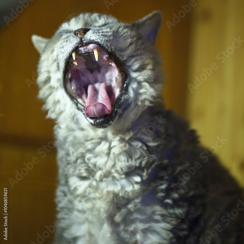 Fotografia Gähnende alte Selkirk Rex Katze