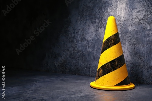 Yellow and black traffic cone on a dark, textured background. photo