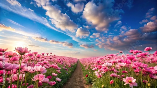 Fototapeta Naklejka Na Ścianę i Meble -  Field of pink flowers with blue sky background