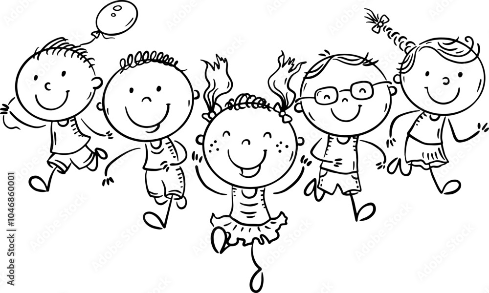 Funny little kids running together. Black and white vector illustration of group of happy children, doodle characters Funny little kids running together. Black and white vector illustration of group of happy children, doodle characters