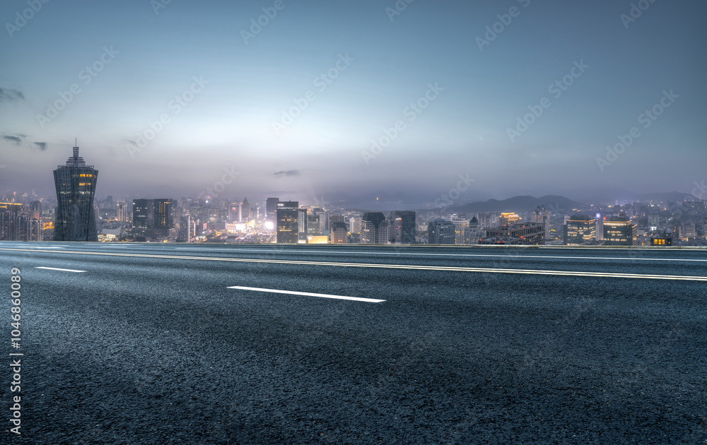 Captivating Urban Landscape at Dusk with City Skyline and Empty Road Captivating Urban Landscape at Dusk with City Skyline and Empty Road