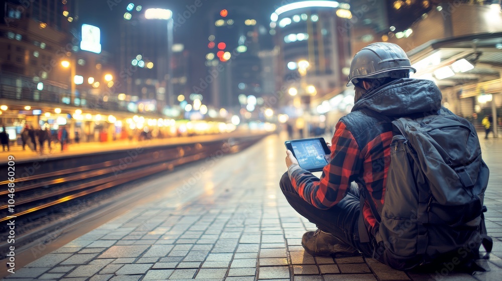 Lost Traveler Navigation App On Train Platform, Finding His Way, City Travel Technology Lost Traveler Navigation App On Train Platform, Finding His Way, City Travel Technology