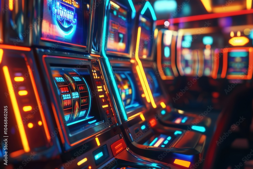 A row of slot machines features bright flashing lights and spinning reels, all highlighting an enticing jackpot symbol in a busy gaming hall. Generative AI A row of slot machines features bright flashing lights and spinning reels, all highlighting an enticing jackpot symbol in a busy gaming hall. Generative AI