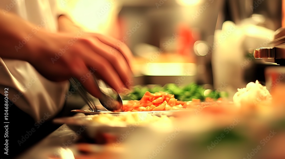 Chef's Hand Preparing Food in a Restaurant Kitchen Chef's Hand Preparing Food in a Restaurant Kitchen