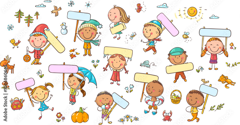 Set of cute cartoon kids holding signs with blank space, seasons weather illustration. Isolated colorful kids clipart, doodle children Set of cute cartoon kids holding signs with blank space, seasons weather illustration. Isolated colorful kids clipart, doodle children
