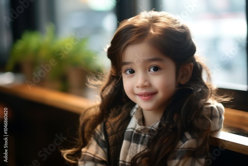 Portrait of a cute little girl in a cafe. Selective focus.