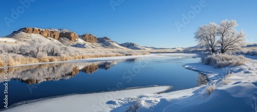 A frozen lake with snow covered hills in the distance and a lone tree in the foreground.