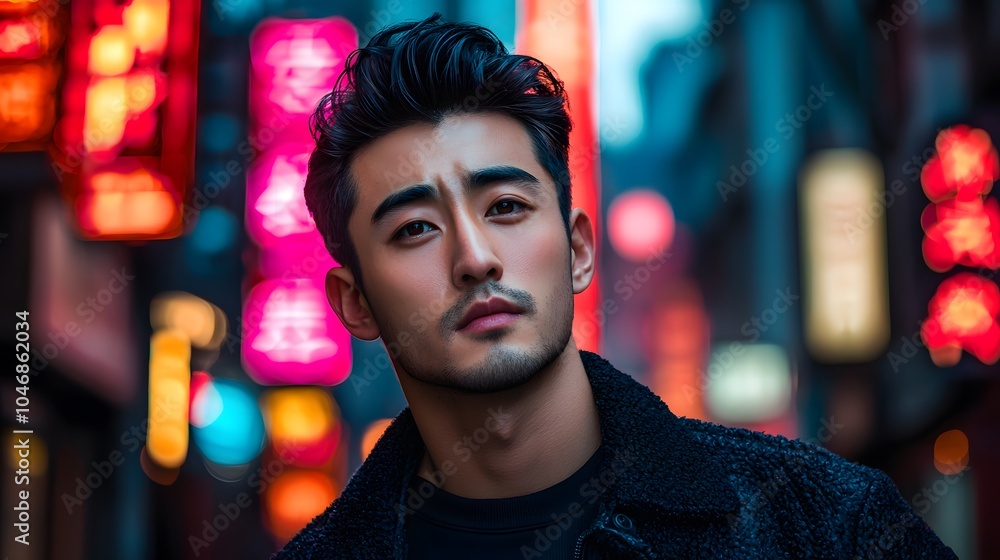 Obraz premium Young Asian man in urban setting surrounded by vibrant neon lights.
