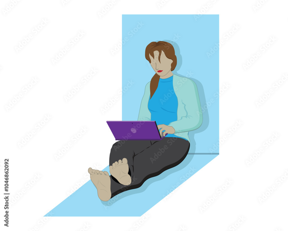 vector design cartoon illustration of a woman sitting cross-legged while looking at a laptop on her thighs and legs vector design cartoon illustration of a woman sitting cross-legged while looking at a laptop on her thighs and legs