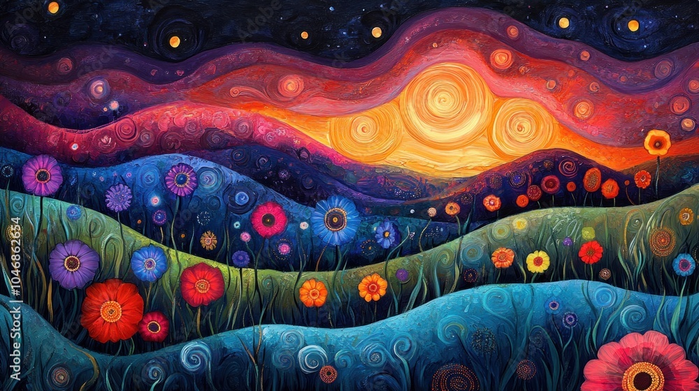 Dreamy Sunset Landscape with Flowers Dreamy Sunset Landscape with Flowers