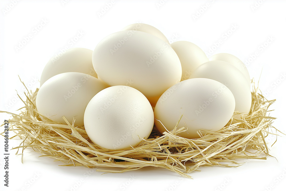 A delicate nest of white eggs resting peacefully on a bed of straw in a serene light setting. Generative AI A delicate nest of white eggs resting peacefully on a bed of straw in a serene light setting. Generative AI
