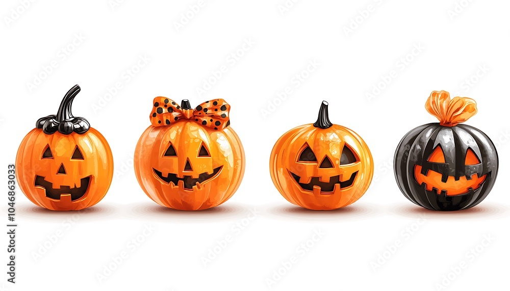 Row of Pumpkins Showcasing Unique Faces Row of Pumpkins Showcasing Unique Faces