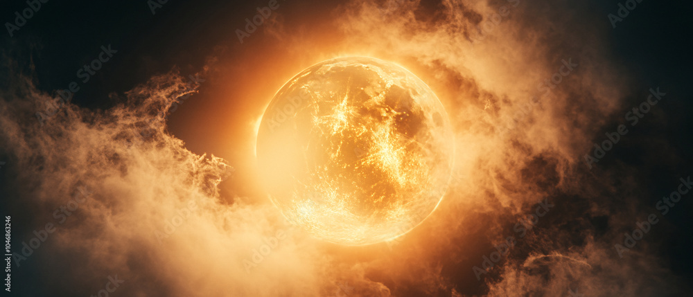 Obraz premium Fiery Full Moon Hidden Behind Clouds Dramatic Night Sky