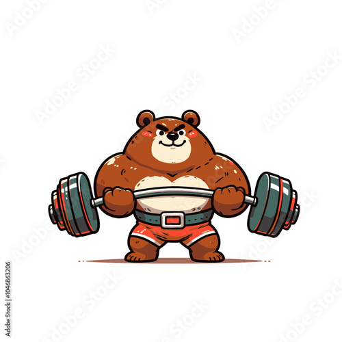 cartoon bear bodybuilder powerlifter holding barbell vector isolated illustration	