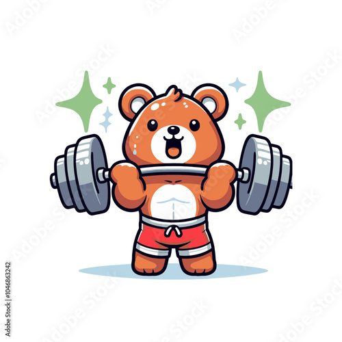 cartoon bear bodybuilder powerlifter holding barbell vector isolated illustration	