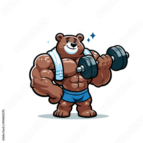 cartoon bear bodybuilder powerlifter holding barbell vector isolated illustration	