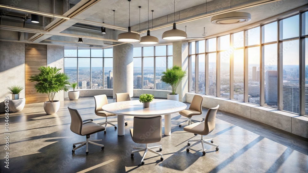 Modern Office Round Table with White Chairs, Large Windows, and Concrete Ceiling for Business Meetings and Corporate Workspace Design Modern Office Round Table with White Chairs, Large Windows, and Concrete Ceiling for Business Meetings and Corporate Workspace Design