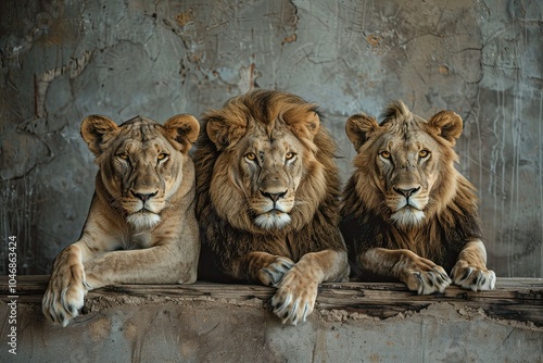 idea for a painting-Majestic lion family in grayscale, symbolizing unity and strength. photo