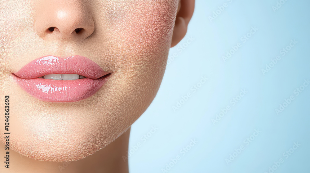 Obraz premium close up of womans lips with glossy finish, showcasing smooth skin and gentle smile against light blue background.
