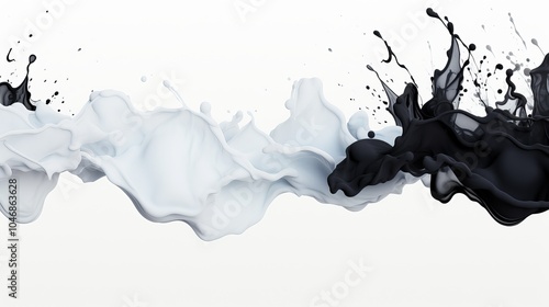 A captivating blend of black and white splashes creating dynamic movement against a light background