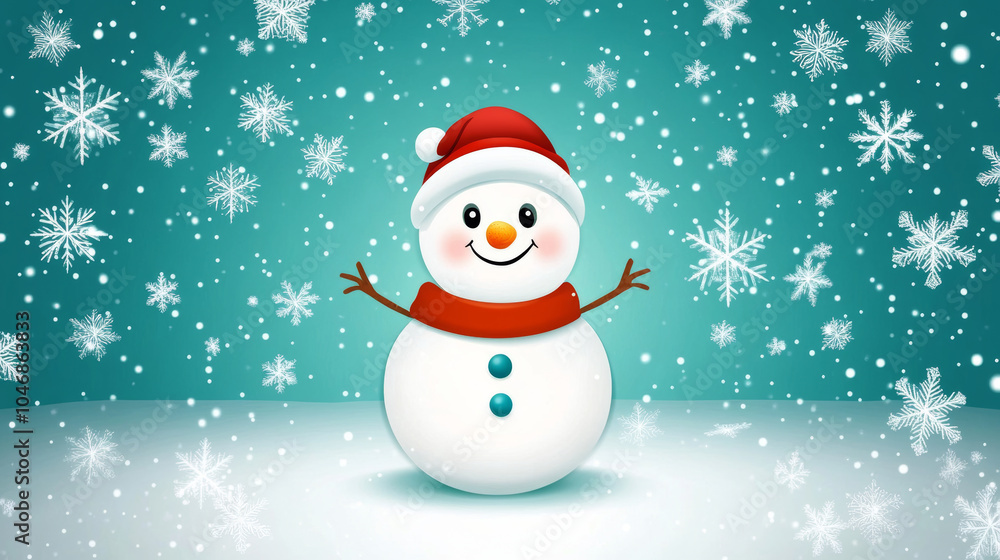 cheerful snowman with carrot nose and red scarf stands joyfully amidst falling snowflakes, creating festive winter scene. cheerful snowman with carrot nose and red scarf stands joyfully amidst falling snowflakes, creating festive winter scene.