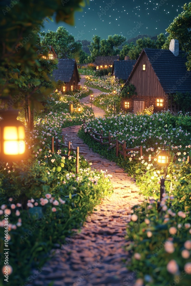 Fototapeta premium A cute farm, in the middle of the night, with a beautiful barn and houses, with green grass fields and flowers, in a cute 3d cartoon style