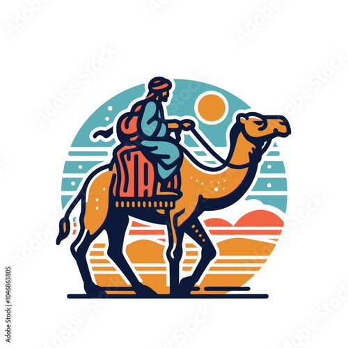 Eastern Nomad and camel simplified forms isolated vector illustration