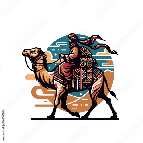 Eastern Nomad and camel simplified forms isolated vector illustration