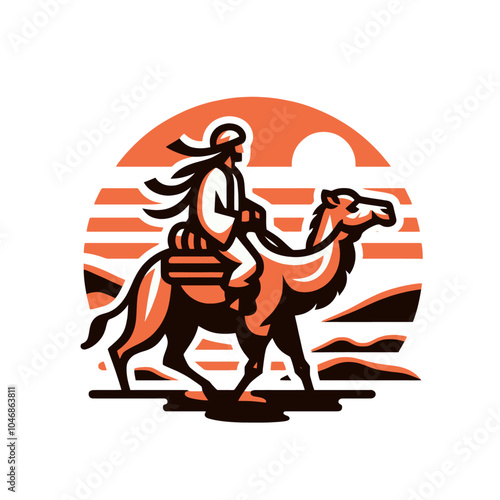 Eastern Nomad and camel simplified forms isolated vector illustration