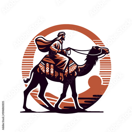 Eastern Nomad and camel simplified forms isolated vector illustration