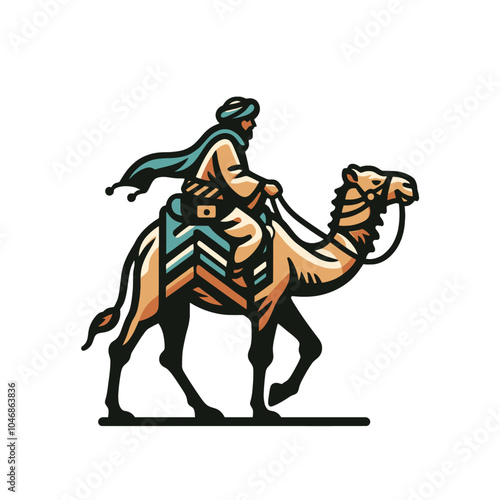 Eastern Nomad and camel simplified forms isolated vector illustration