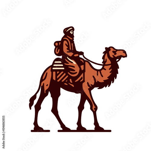 Eastern Nomad and camel simplified forms isolated vector illustration