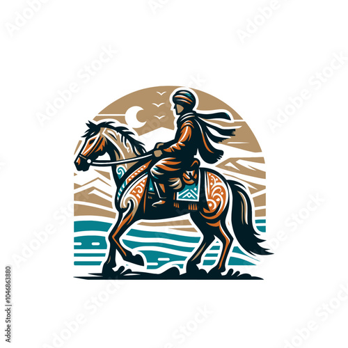 Nomad on horse monochrome isolated vector illustration	
