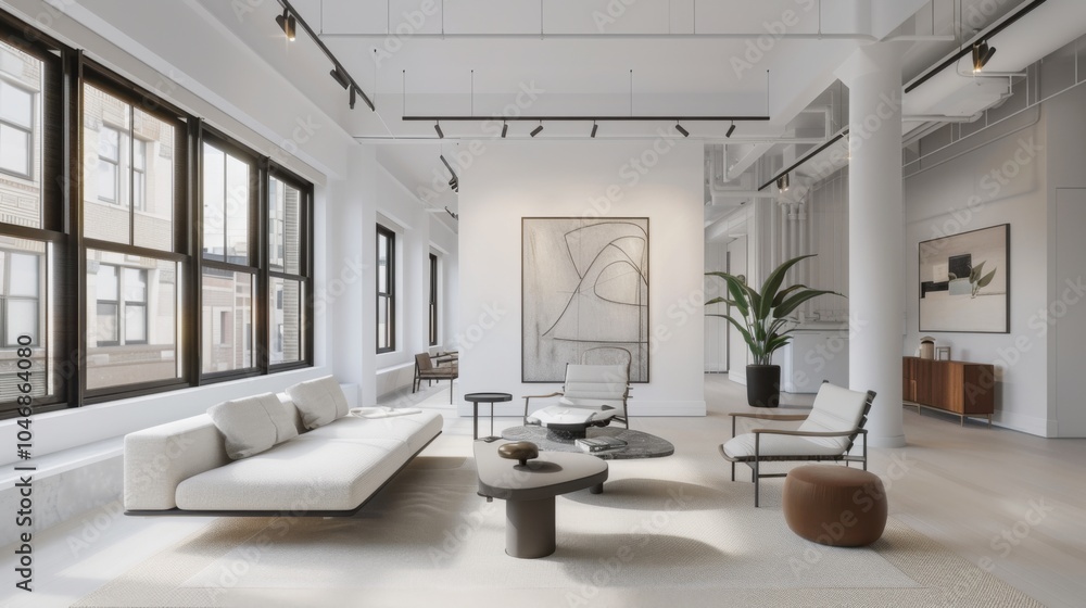 Fototapeta premium A chic and tranquil living room design showcasing a white canvas backdrop, Strategically placed minimalist furniture, Minimalist loft style