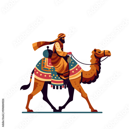 Eastern Nomad and camel simplified forms isolated vector illustration
