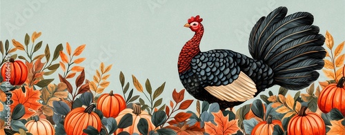 A decorative illustration featuring a turkey amidst vibrant pumpkins and foliage, evoking autumn and harvest themes. photo