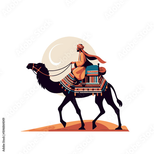Eastern Nomad and camel simplified forms isolated vector illustration