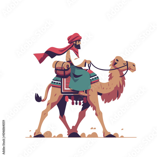 Eastern Nomad and camel simplified forms isolated vector illustration