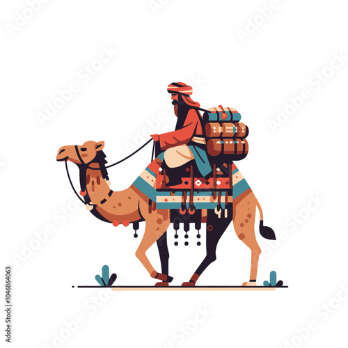 Eastern Nomad and camel simplified forms isolated vector illustration
