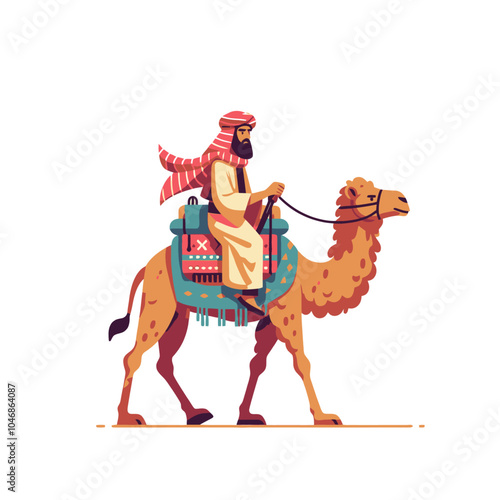 Eastern Nomad and camel simplified forms isolated vector illustration