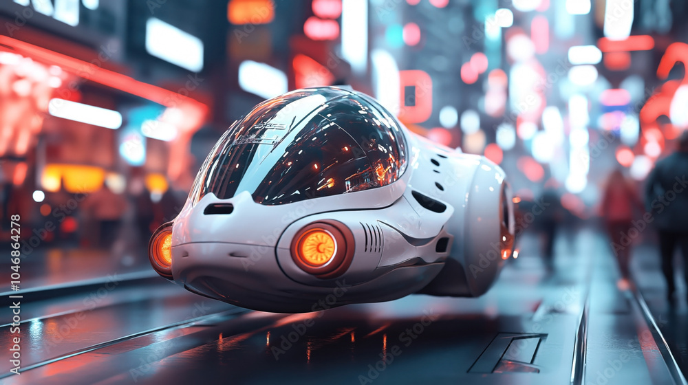 Futuristic hover vehicle on illuminated city street with neon lights and blurred silhouettes of pedestrians during night time. Futuristic hover vehicle on illuminated city street with neon lights and blurred silhouettes of pedestrians during night time.