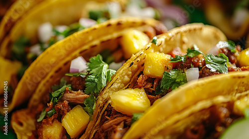 Close Up of Delicious Mexican Tacos with Pineapple and Cilantro photo