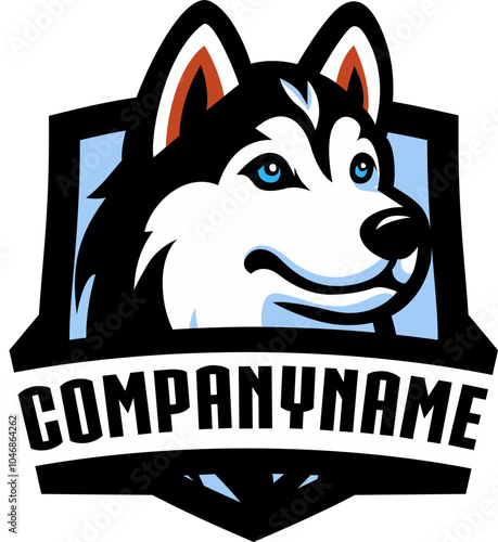a vector design of the head of a Siberian husky dog, in front of a blue shield. Can be used for business logos, farms or other businesses.
