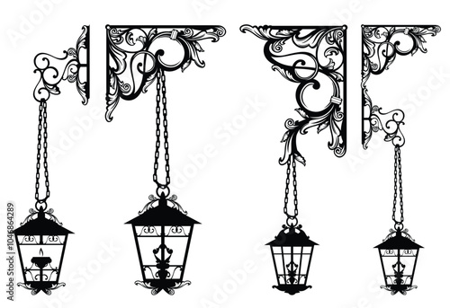 antique style page decoration corner with luxurious hanging street lamps -  black and white vector decorative design collection