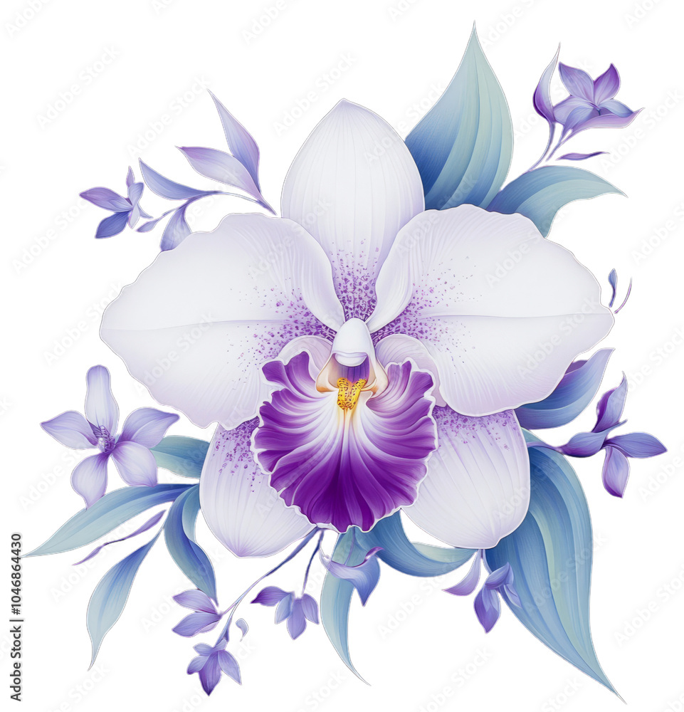 single orchid flower with exotic patterns is beautifully displayed on transparent background, showcasing its delicate petals and vibrant colors. intricate design evokes sense of elegance. single orchid flower with exotic patterns is beautifully displayed on transparent background, showcasing its delicate petals and vibrant colors. intricate design evokes sense of elegance.