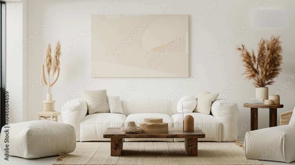 Fototapeta premium A chic and understated living room design adorned with a white canvas backdrop, Adorned with minimalist furniture arrangements, Understated minimalist style