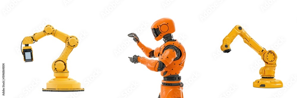 Three robotic figures: a humanoid robot and two robotic arms, all in yellow, showcasing automation and advanced technology. Three robotic figures: a humanoid robot and two robotic arms, all in yellow, showcasing automation and advanced technology.