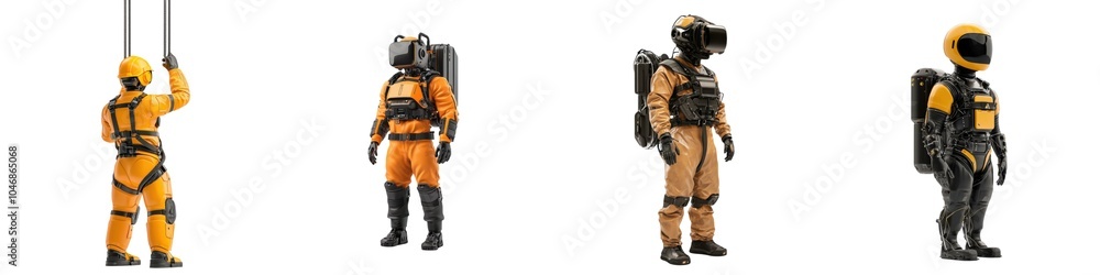 A series of four individuals in various safety suits equipped with helmets and breathing apparatus, showcasing different styles of protective gear. A series of four individuals in various safety suits equipped with helmets and breathing apparatus, showcasing different styles of protective gear.