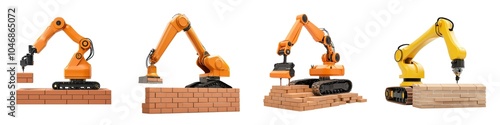 The image depicts four robotic arms engaged in various tasks involving wooden blocks, showcasing automation in construction or manufacturing. photo