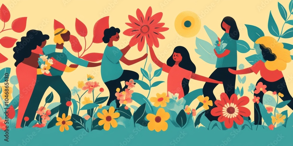 People in a flower garden. People in a flower garden.